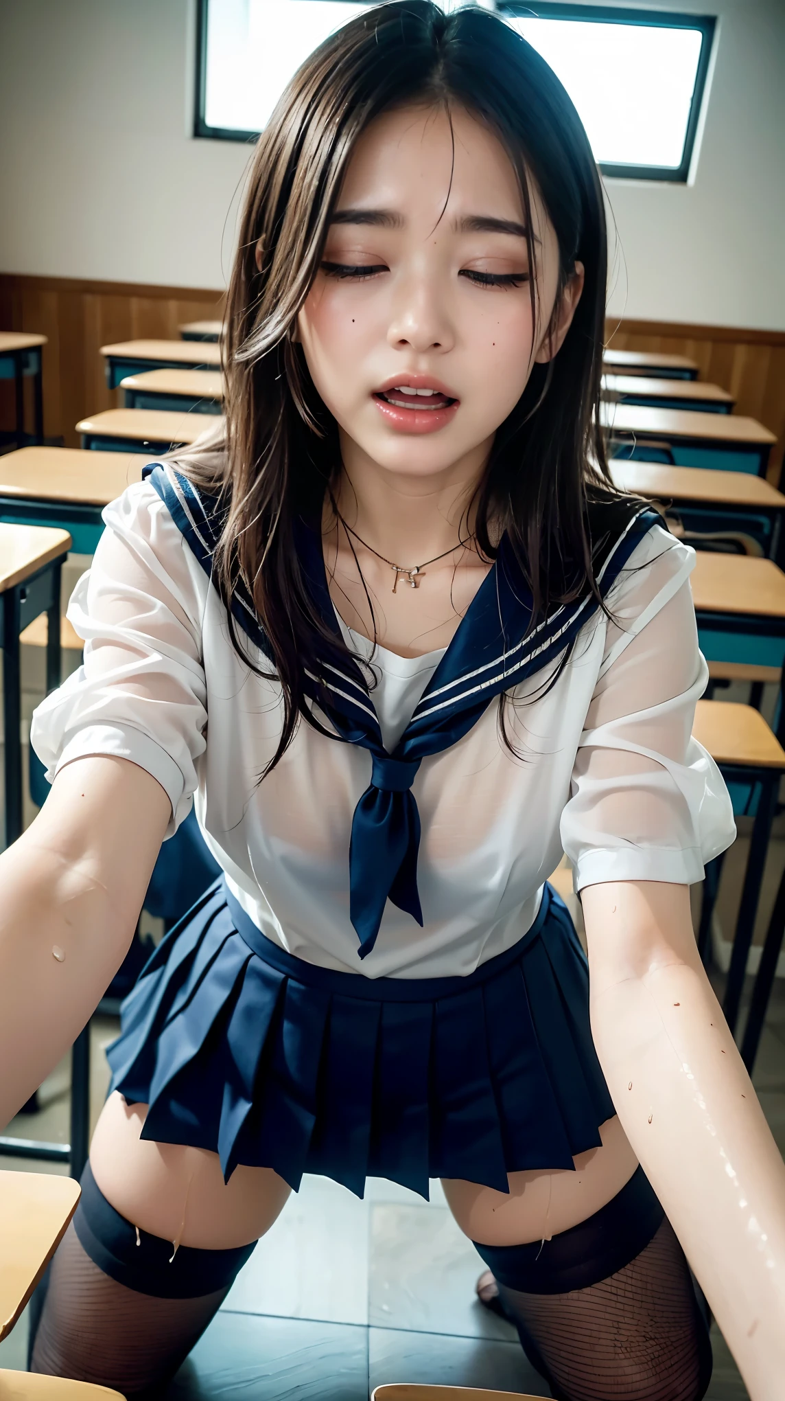 masutepiece、Best Quality、8K、Raw photo、absurderes、award winning portrait、Smile、Idol face、Delicate girl、Digital SLR、Sophisticated、Thin arms、Professional Lighting、(Eyes and faces with detailed:1.0)、(8K、Raw photography、top-quality、masterpiece:1.2)、(realisitic、Photorealsitic:1.37)、(女の子1人)、fullllbody、((((school classrooms)))、photon maping、Radio City、(((Sitting on a chair)))、详细的脸、Detailed lips、detailedeyes、二重まぶた、(Colossal tits:1.5)、(((((((((School Uniforms)))))))))、(((a red choker)))、((((((the shape of the female genitalia is clearly visible))))))、Perfect body、a wet body、shinny skin、Make eye contact with the camera、(((((((the shape of the anus is clearly visible)))))))、(((((((((((red school bag)))))))))))、(((Pigtails hairstyle)))、(((((A dark-haired)))))、((((((Female genitalia are wet、Leakage of fluid from the female genitalia:1.3))))))、((((white liquid leaking from female genitals))))、(((((12-year-old elementary school student)))))、(((Spread legs wide)))、In class