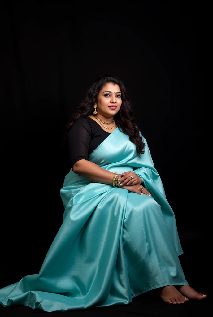 Beautiful Indian woman,seat,all hair tied up with a hair clip in a single bun, Indian silk saree, wide, blue bag, curvy woman; chubby woman, full body view,sitting on sofa and closing her ears