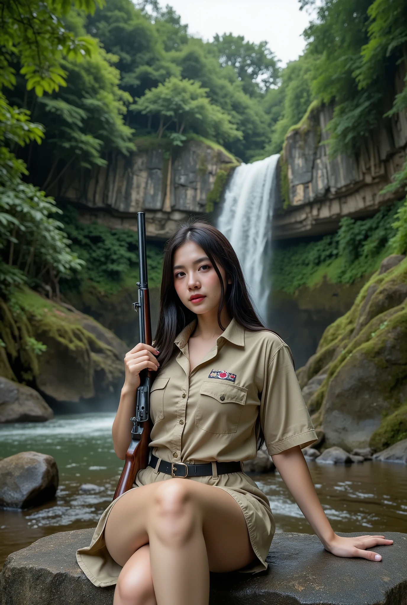 beautiful young thai woman actress, 26 years old, tall and slender, haughty expression, long black hair, wearing english safari style outfit, holding a hunting rifle, cinematic action shot, sitting on a rock by a deep forest waterfall, movie poster