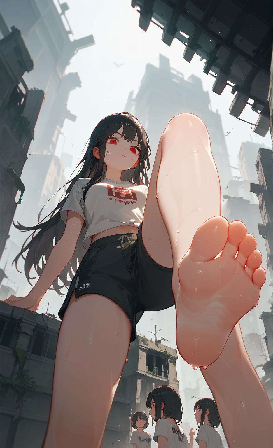 City，ruins， five girls， red eyes， Black Hair ， long hair，Foot Focus，One-leg stand， low angle，Sweating，t-shirt，The girls look at the audience