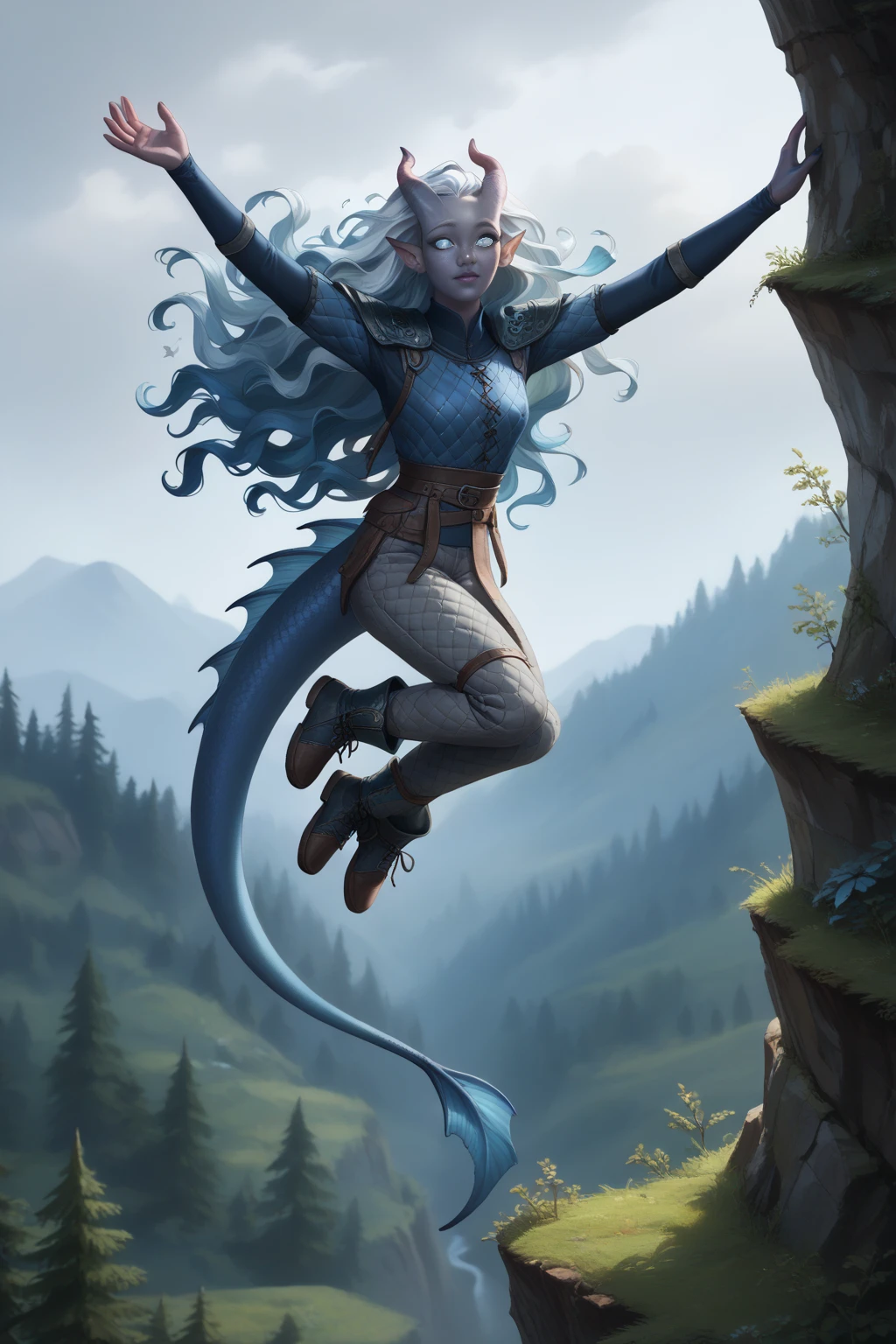 (Cedar grows next to the winter forest on a cliff ), ((1Тiefling ,  dark blue-gray skin :1.5), ( very thick long tiefling dragon tail :1.5), ( long black flowing hair with dark blue tips:1.4), ( bright blue-grey pupils,  Black eyes :1.4), ( the bright blue-black pigmentation on the face :1.5), (blue-black freckles :1.2) , (small fins on the head:1.4), ( blue-black pigmentation on the skin :1.5), ( dark grey straight short horns ), ( blue and black pigmentation on the tail :1.5), ( Adult girl:1.2) , (kind face), (medieval pants with fur on the ankles:1.4),  [curiosity ], (35 years old:1.5), (Deep look:1.3), ( jumping from a high cliff  :1.5), (chainmail,  fabric armor and a white canvas shirt on the body and raincoat:1.2), (you can see pigmentation on his shoulder ), (tail protection), (cloth-wrapped legs or medieval shoes:1.3)), ( top quality ), ( masterpiece fails), (winter), ( highest detail),  fantasy background, blue tones, Dark tones, dark shades,  muted colors, ( against the background of a dark, scary thorny forest).