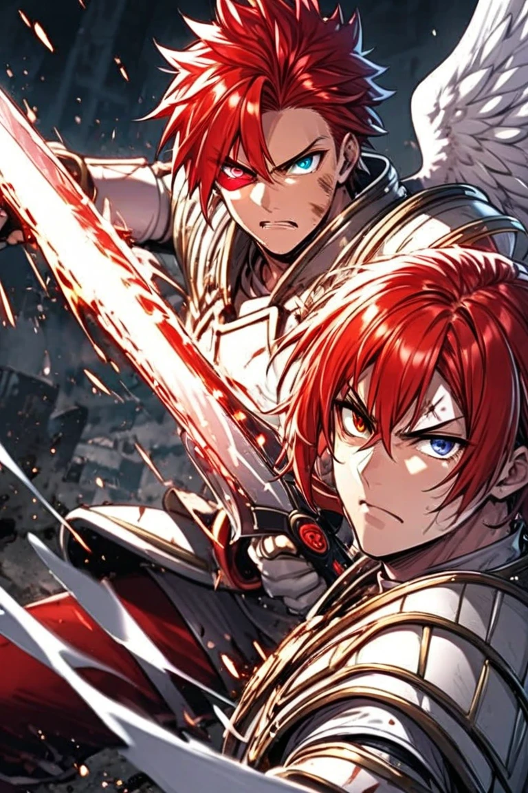  male ,  long red hair , right eye blue,  left eye red , heterochromia with huge white angel wings,  white armor with red , with a game sword fighting , Attack mode, battle wounds 