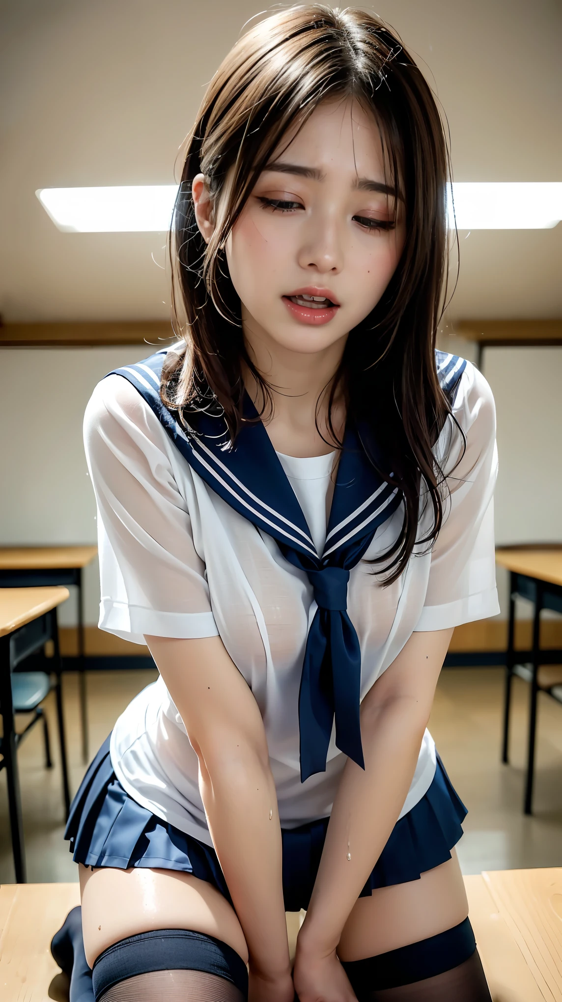  girls、15 years old、form、Summer sailor uniform))A pure and beautiful girl、((Open legs to show white panties))、Sit on a chair with open legs、In the classroom、