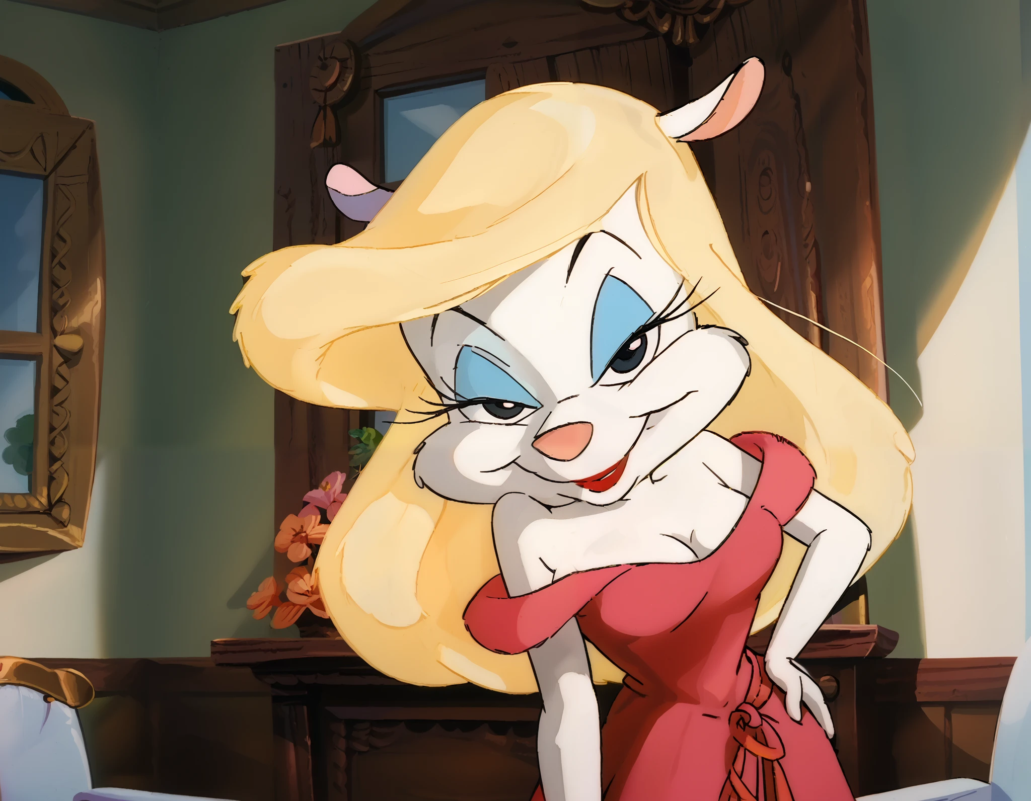 masterpiece,best quality, highly detailed, score_9, score_8_up, score_7_up, score_6_up,BREAK minerva mink, 1girl, white fur blonde hair, fluffy blonde tail, solo, black eyes, long hair, wearing a glittery red dress with a side cut, standing, one hand on hip, makeup, smile, lipstick, medium breasts, cleavage, seductive pose, indoors, tiny toon adventures art style