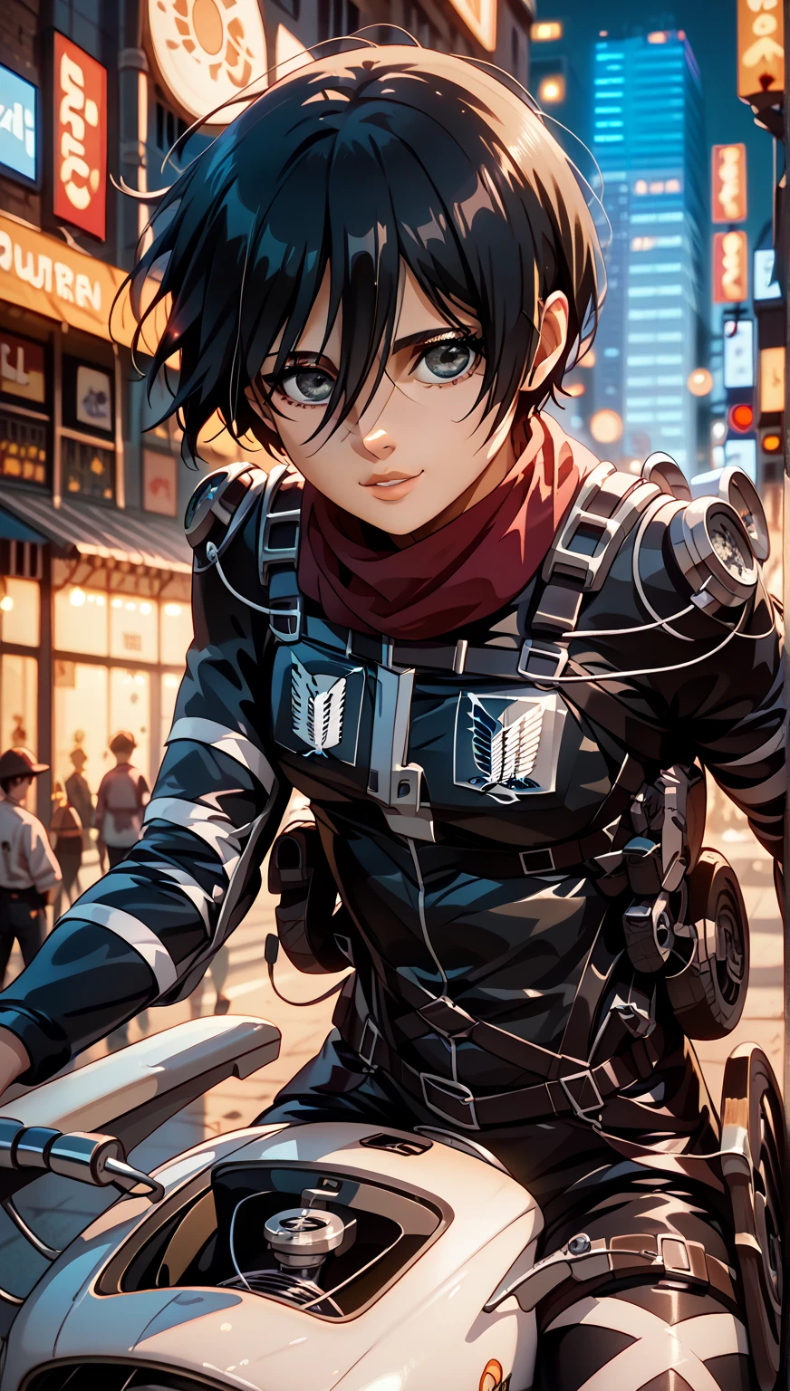 ultra-high quality, best quality, 8K, UHD, very aesthetic,  volumetric lighting, mikasa ackerman, wear modern clothes, rideon the bike, night city background,cute,
