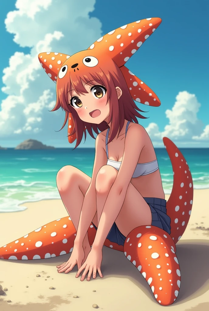 1girl, lolicon, green eyes, crying , torn denim shorts, torn white panties, bare bottom, bitten in the ass by crocodile, ginger hair, hair bow, white top, beach