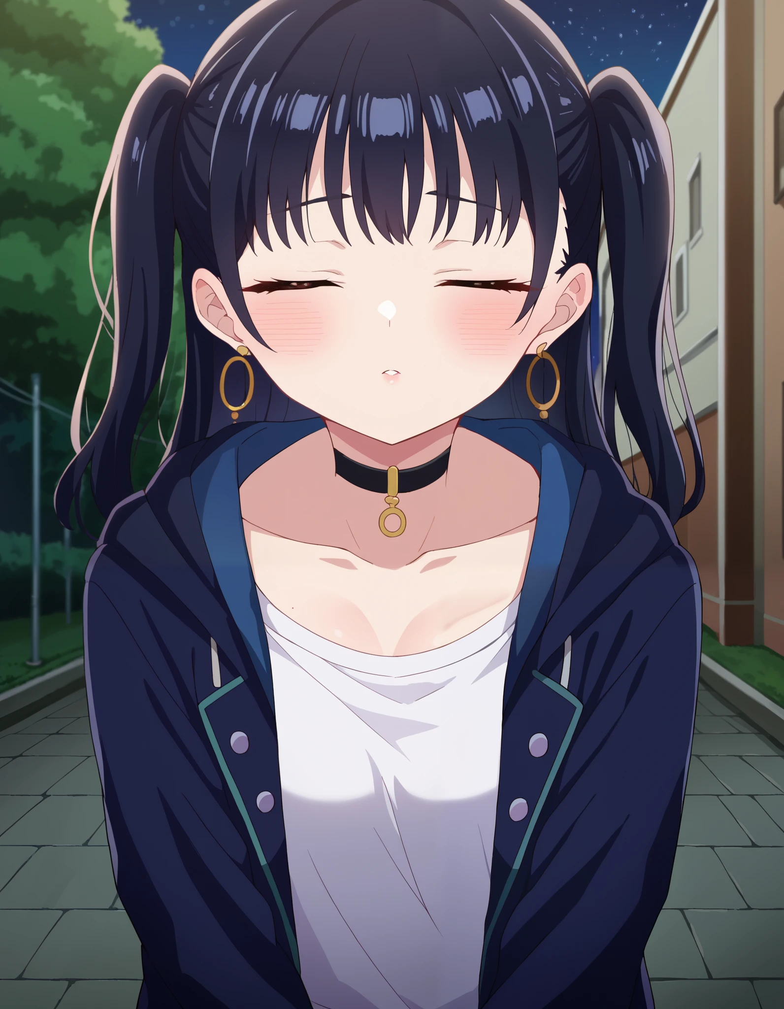 score_9, score_8_up, score_7_up, source_anime, annayamada, anna yamada, 1girl, anna yamada, long hair, bangs, outside, on the street, houses nearby, night time, Anna twintail with choker outfit, two side up, jewelry, hoop earrings, choker, black hair, solo, shirt, brown eyes, looking at viewer, black choker, jacket, open clothes, blush, long hair, outdoors, night, collarbone, sky, open jacket, white shirt, hood, drawstring, twintails, black jacket, cowboy shot, looking at the viewer, N0R3AL_PDXL, pov shot, from above, (spread arms, hands are out of frame:1.3), close up, hugging her by pov hands, incoming kiss, closed eyes, blush, closed eyes
