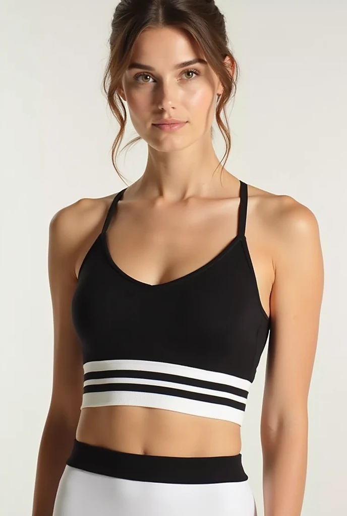 arafed woman in a black esportes bem top with a colorful stripe, esportes bem, esportes bem, esportes bem and shirt, detailed esportes bem, corte superior, bralette, corte superior, esportes bem and shorts, sutiã de treino, Detalhe gráfico, malika favre, roupas de treino de duas peças, close da parte superior do corpo, bordas neon na parte inferior do corpo