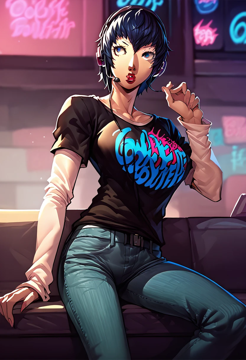 1 girl, headset, lipstick, black t-shirt, clothes writing, layered sleeves, large breasts, jeans, Naoto Shirogane, dark blue hair, blue eyes