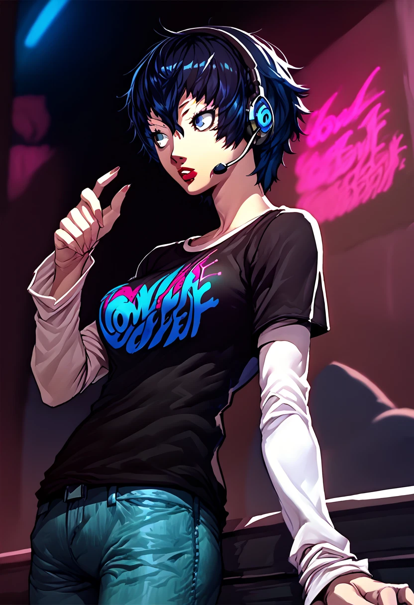 1 girl, headset, lipstick, black t-shirt, clothes writing, layered sleeves, large breasts, jeans, Naoto Shirogane, dark blue hair, blue eyes