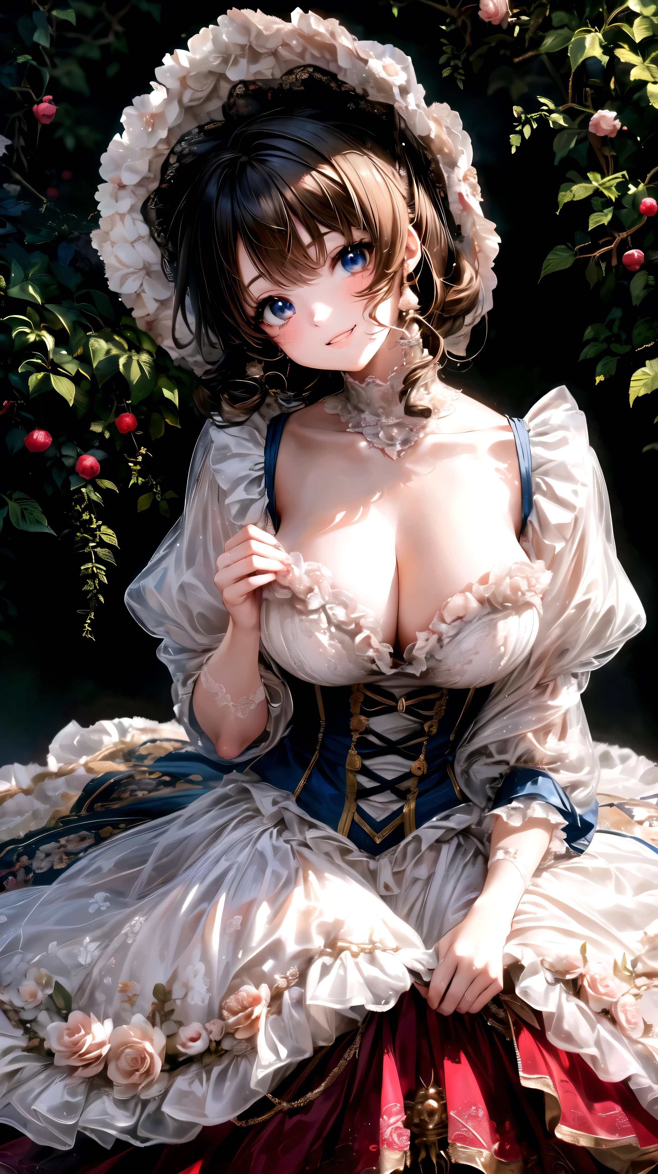  medieval Europe, Lady, Curly Hair,  Floral Crinoline Hoop Skirt, red petticoat dress ,  big breasts, hyper detailed beautiful eyes, bonnet, Fluffy, ((smile)), downblouse, loose t-shirt, (leaning forward), (((curtsey, head tilt))), (anime moe art style:1.3), ((Superbly detailed drawing, ultra detailed, exquisite quality, absolutely resolution)),