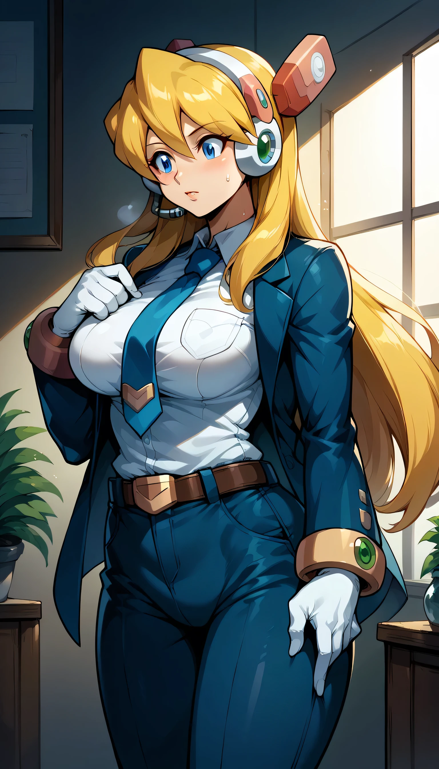 1girls, solo, female_focus, necktie, formal, gloves, suit, , adjusting_clothes, belt, hand_in_pocket, shirt,, , jacket, pants, long_sleeves,large breast,Alia (mega man), 1girl, solo, long hair, breasts, blue eyes, blonde hair, gloves,  headset, android, robot ears,Windows 