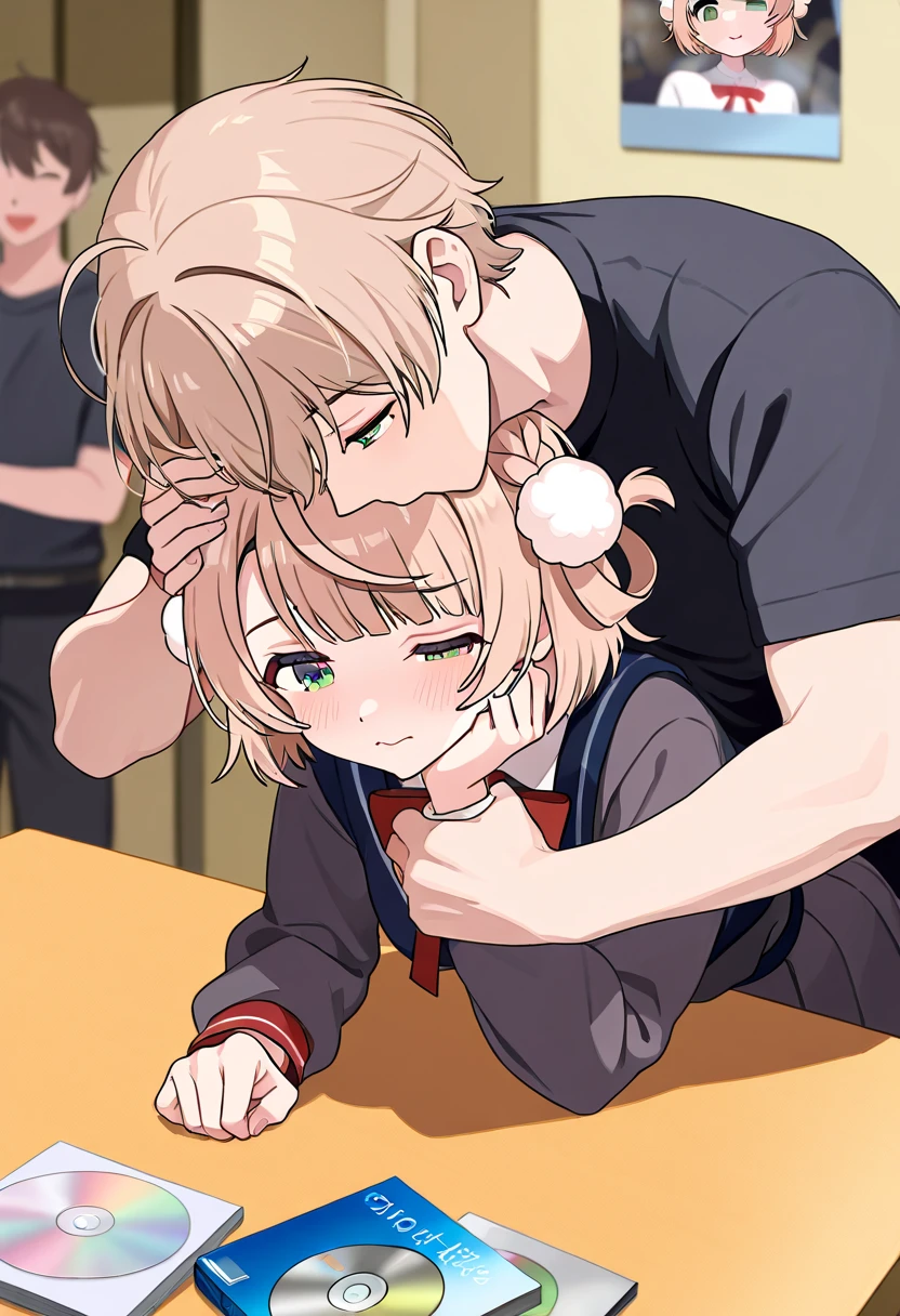 hold her head, closed one eye, forced  kiss, idol handshake event, bent over,table, Facing each other across the table, Stacked photo books on table, stacked CD case, dazed face, 1girl, 1boy, shigure ui \(vtuber\), virtual youtuber, light brown hair, short hair, french braid, hair rings, green eyes