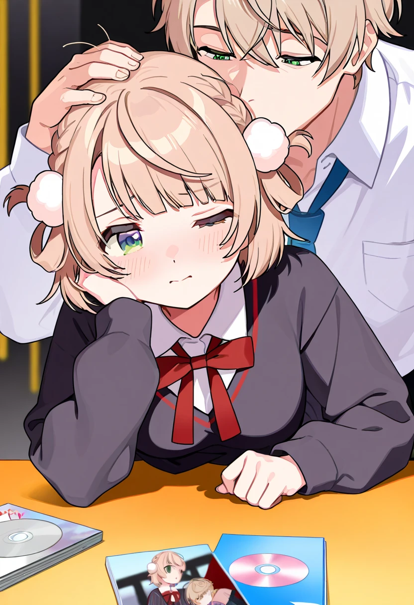 hold her head, closed one eye, forced  kiss, idol handshake event, bent over,table, Facing each other across the table, Stacked photo books on table, stacked CD case, dazed face, 1girl, 1boy, shigure ui \(vtuber\), virtual youtuber, light brown hair, short hair, french braid, hair rings, green eyes