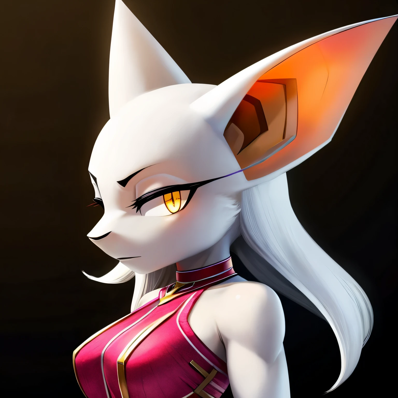 SFW version, anime, anime style, solo drawing, ((three-quarter view)), half-body picture, ((Anthro bat character)), ((Fit figure)), ((white skin)), ((white bat ears)), ((white face)), ((wearing halter)), neutral expression, bright yellow eyes, solid black background, highly detailed anime style, clean lines, beautiful demoness, female demon, gorgeous demon, short muzzle, furry cheeks, furry muzzle