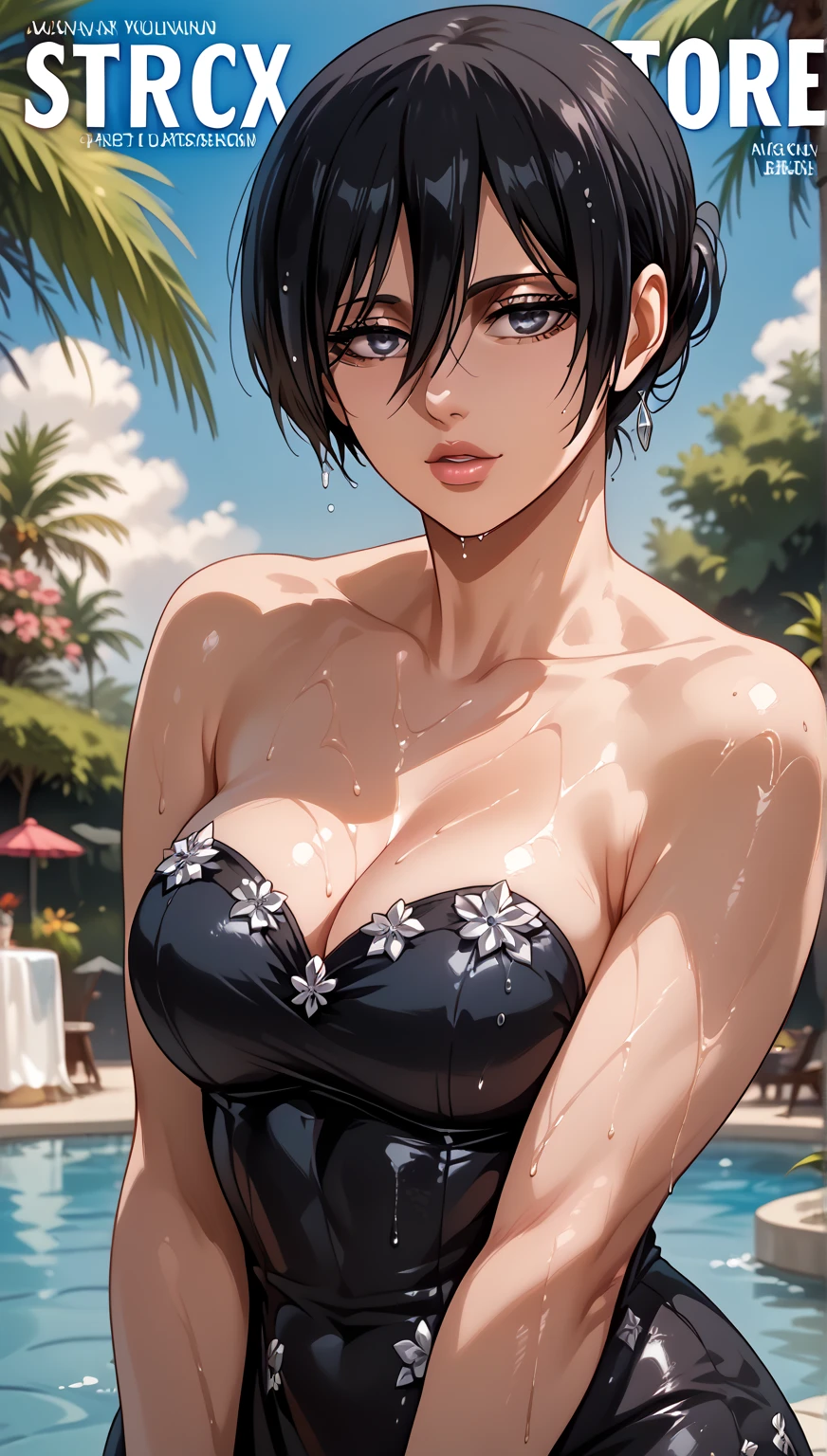 ultra-high quality, best quality, 8K, UHD, very aesthetic,  volumetric lighting, mikasa ackerman, Magazine cover(masterpiece, best quality:1.2), Solitary， Sexy eyes，（（Sparkling Black Diamond Evening Dress）），Wet pink sexy plump lips，（8k）
