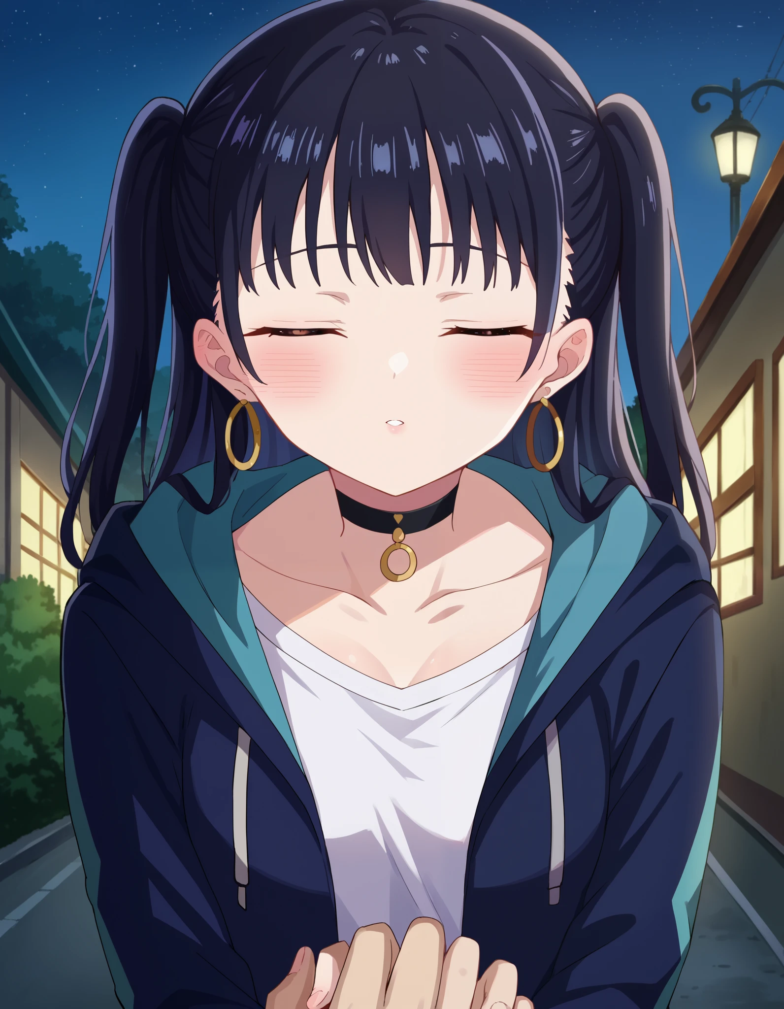 score_9, score_8_up, score_7_up, source_anime, annayamada, anna yamada, 1girl, anna yamada, long hair, bangs, outside, on the street, houses nearby, night time, Anna twintail with choker outfit, two side up, jewelry, hoop earrings, choker, black hair, solo, shirt, brown eyes, looking at viewer, black choker, jacket, open clothes, blush, long hair, outdoors, night, collarbone, sky, open jacket, white shirt, hood, drawstring, twintails, black jacket, cowboy shot, looking at the viewer, N0R3AL_PDXL, pov shot, from above, (spread arms, hands are out of frame:1.3), close up, hugging her by pov hands, incoming kiss, closed eyes, blush, closed eyes
