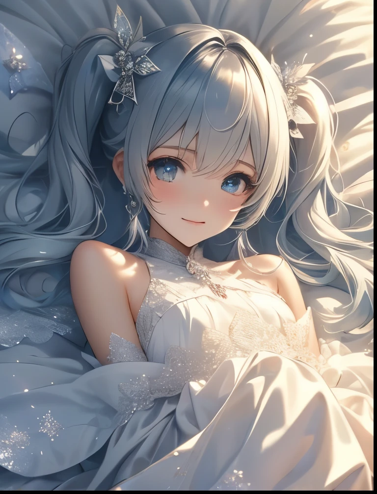 (((SFW、Precision、Highest quality、A first-class masterpiece、Normal body、8k、 Detailed Face 、Ultra-precision、 Normal hand、5refer to、Highest)))、" Spirit Fantasy"、Celia Claire、Celia Claire、 Silver Hair、 twin tails、 short、 slender、Big Breasts、 、A gentle smile、Put your hands on the ground、Form a magic circle 、 bed with huge magic array、Magic particle