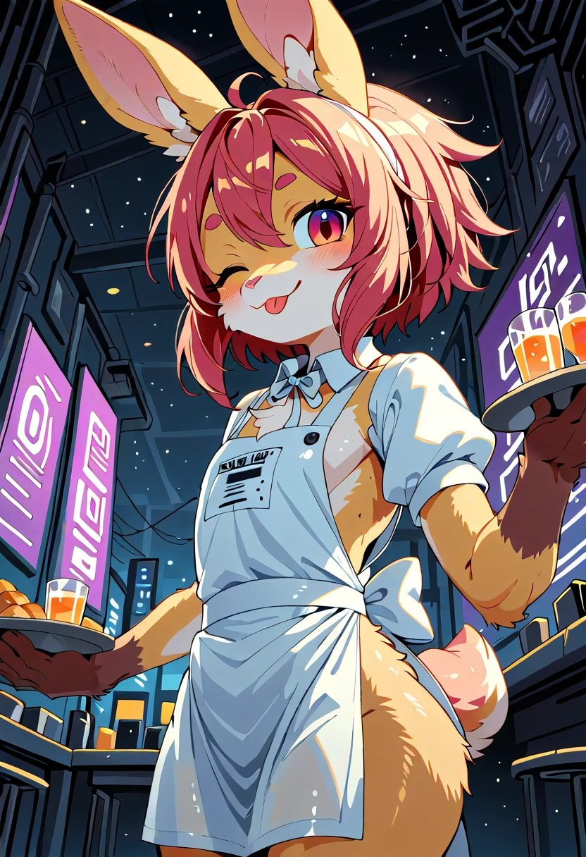 1girl,\((anthropomorphic rabbit, furry, kemono:1.3),(fur body),animal, Virtual waitress, hologram waitress, white ribbon, apron, Attractive smile,cute smile,wink,tongue, greeting viewer, holding tray, cheerful, cyborg style, cyborg, android,(cute pose),(dynamic action:1.4),from side\), background\(cute fastfood restaurant\(futuristic design, girly concept design, neon lights, digital menu, pink, blue, white, glass reflection, metal reflection, advanced technology\).(dynamic angle:1.3),(dutch angle:1.2). BREAK .quality\(8k,wallpaper of extremely detailed CG unit, high resolution, top-quality, top-quality real texture skin, hyper realistic, increase the resolution, RAW photos, best quality, highly detailed, the wallpaper, golden ratio, high saturation realism, vibrant colors, dramatic lighting, persuasive storytelling, atmospheric scenery, captivating visuals, intricate details, strong emotions, dreamlike world\)