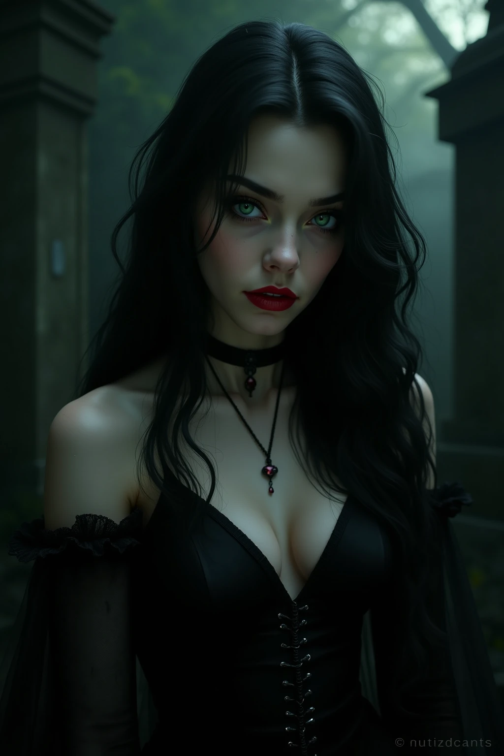 attractive gothic girl, aestetic body, medium tits,gothic aesthetics, dark blue, fog, haze, shadows, lighting effects, mysterious appearance, high contrast, stone cave walls in the background, detailed face, ultra detail, hyperrealism,