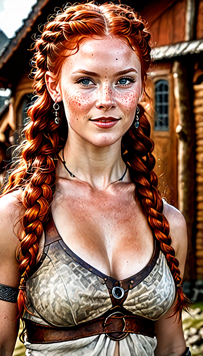 ,,,nsfw,,,exposed breast,,, exposed breast,,epic viking woman, curly red hair, two braids, intricate details, furs, freckles, viking clothing, medieval viking village background, half smile, hyperrealism, complexity, (Masterpiece: 1.5), (best quality: 1.5). watercolor airbrush Magali style Villeneuve
