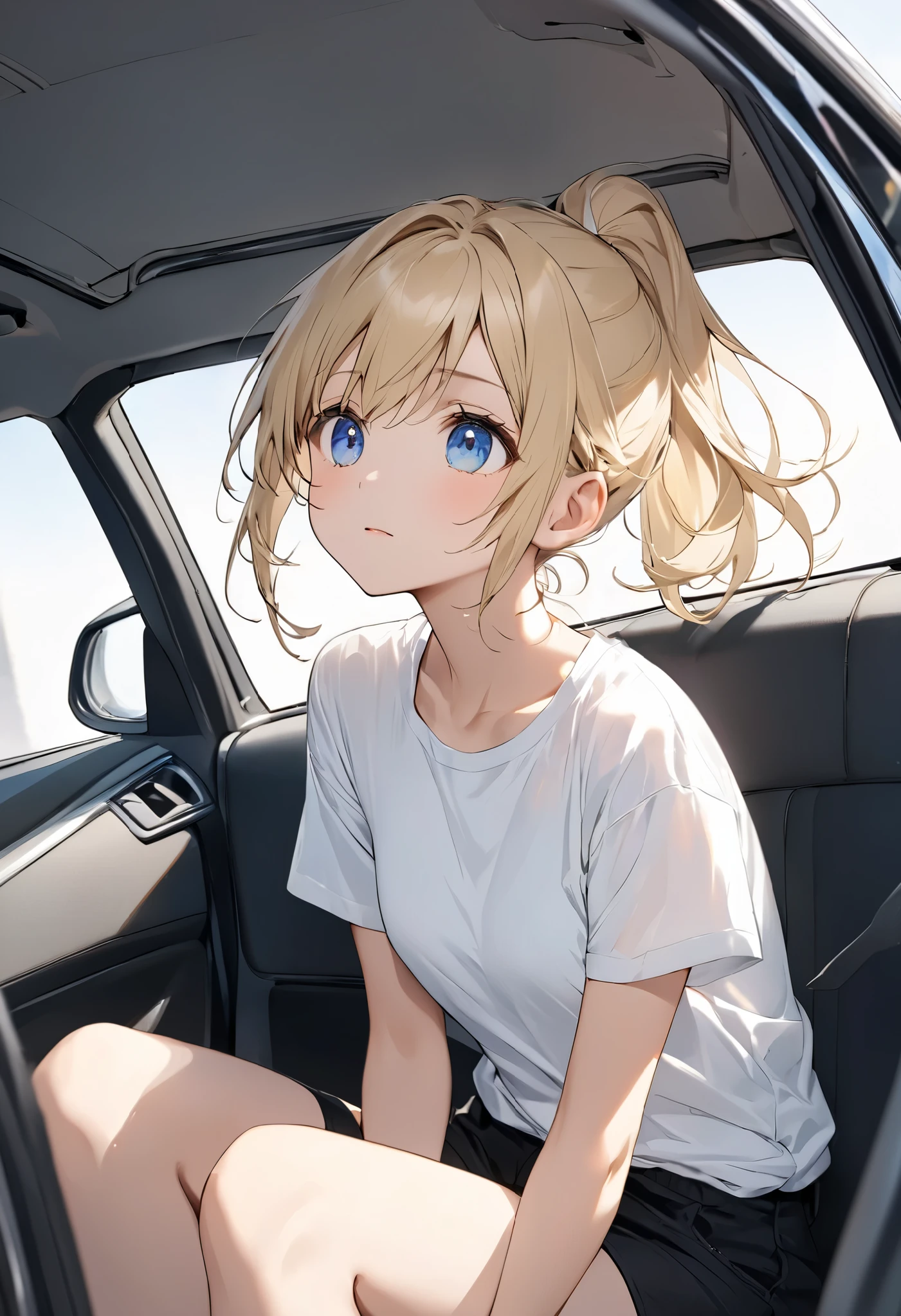 Angle angle from the front 、 sitting in the passenger seat of a car 、 Hair swaying in the wind、 short blonde ponytail 、、 plain white t-shirt without logo、In the car、、 black shorts、 blue eyes、、 Look to the side 、