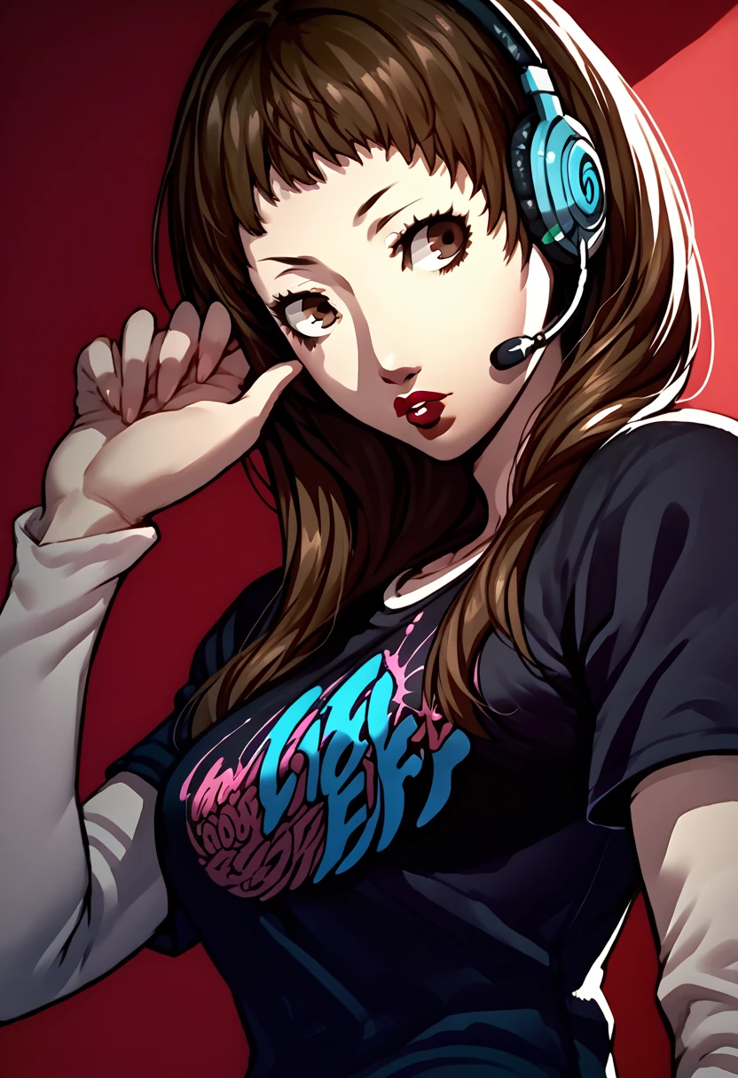 1 girl, headset, lipstick, black t-shirt, clothes writing, layered sleeves, large breasts, jeans, Kuon Ichinose, brown hair, brown eyes, long hair