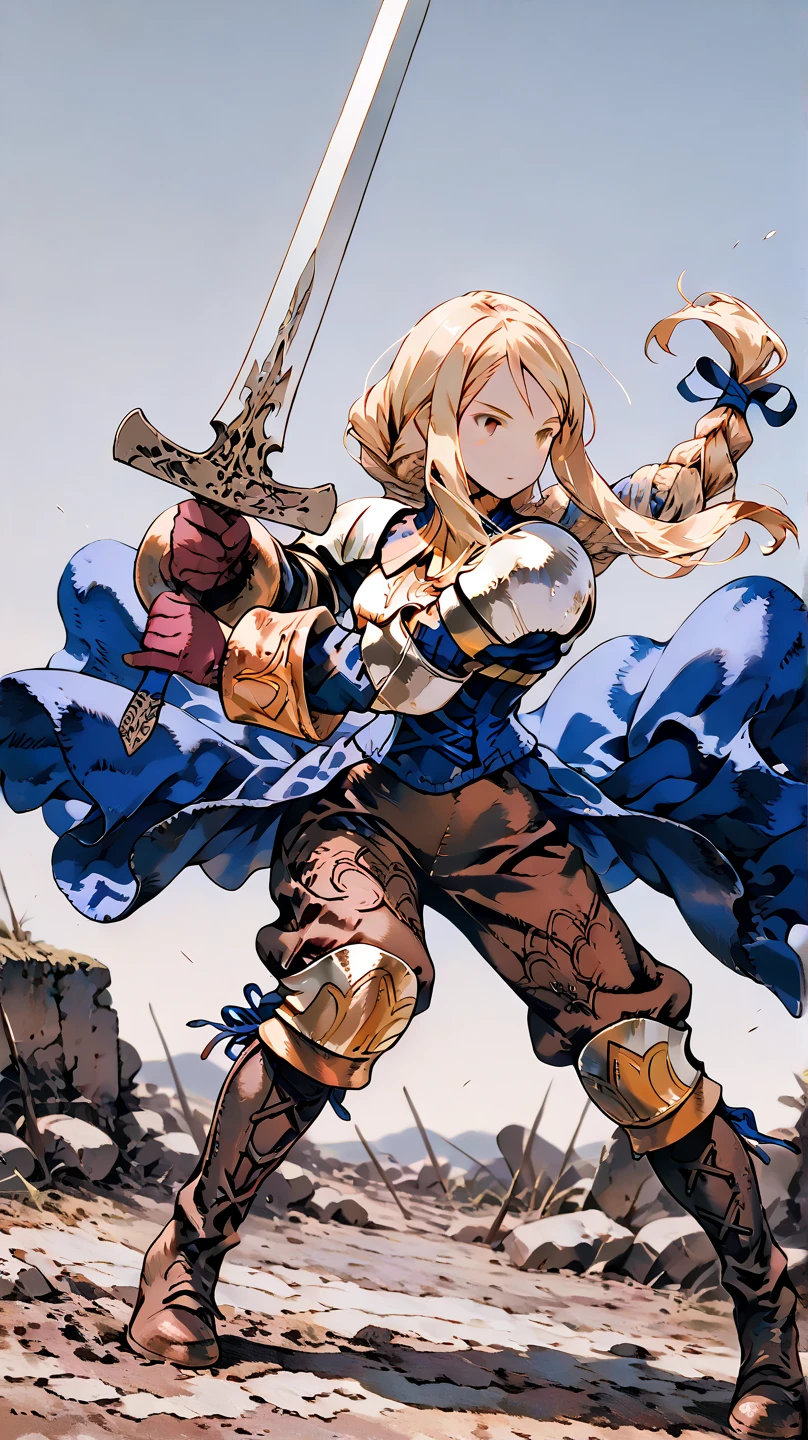 Art by Akihiko Yoshida,, BREAK ,solo,1girl\(Agrias Oaks\(Final Fantasy Tactics\), blonde hair, braided ponytail,brown eyes,shoulder armor, armor, corset,(brown pants:1.3), knee pads, blue dress, brown gloves, pants, cross-laced boots,big breast,dynamic pose,fighting stance,dynamic angle,(holding 1long sword\(devine,european style sword\):1.4)\), BREAK ,background\(battlefield of europe,soldiers in war\),long shot,dynamic angle,very aesthetic, high definition, amazing quality, masterpiece, best quality, very aesthetic, highres, absurdres