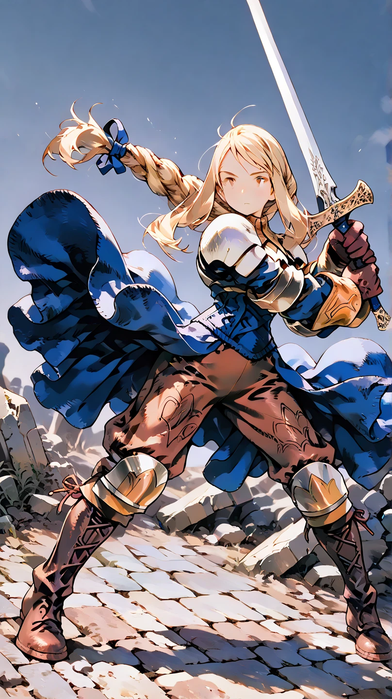 Art by Akihiko Yoshida,, BREAK ,solo,1girl\(Agrias Oaks\(Final Fantasy Tactics\), blonde hair, braided ponytail,brown eyes,shoulder armor, armor, corset,(brown pants:1.3), knee pads, blue dress, brown gloves, pants, cross-laced boots,big breast,dynamic pose,fighting stance,dynamic angle,(holding 1long sword\(devine,european style sword\):1.4)\), BREAK ,background\(battlefield of europe,soldiers in war\),long shot,dynamic angle,very aesthetic, high definition, amazing quality, masterpiece, best quality, very aesthetic, highres, absurdres