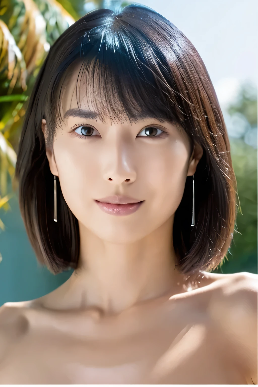 ((Nude)), (Top Quality, 8K, Masterpiece), Anatomically Correct, (Sharp Focus: 1.5), High Details, Asian, 18 Years Old, Very Beautiful Woman. ((Nude)), Shiny Black Hair, (Medium Hair), Blunt Bangs, Height: 160cm, Weight: 40kg, Bust: 84cm, Waist: 60cm, Hips: 86cm, Fine Pores, Subtle Flaws, Realistically Textured Skin, Sharp and Expressive Eyes with Detailed Iris Patterns and Natural Reflections, Well-Defined Nose with Smooth Transitions of Light and Shadow, Soft and Natural Lips with Fine Lines and Color Gradient Visible, Natural Smile, Blurred Background to Keep Focus on Face, ((Nude)), Walking by the Pool at a Resort Hotel, Natural Light