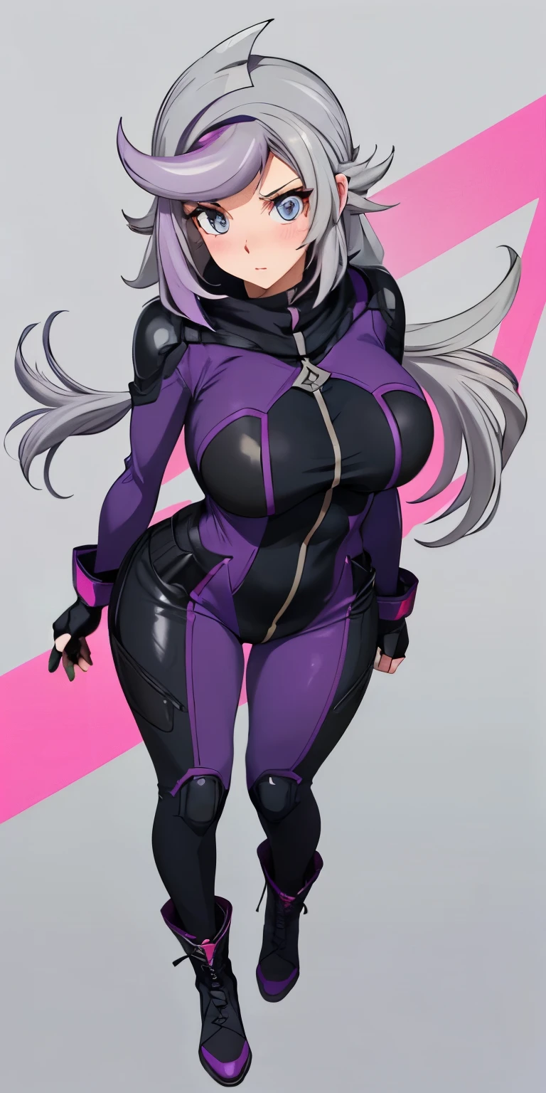 1 Female,High definition,high resolution,Ultra-realistic,8K, 1girl,  (emma_bessho:1.2),  (grey hair:1.2),(  purple hair:1.2),  grey eyes,  low-tied long hair,  (large breasts:1.2),  (wide hips:1.2),  (purple bodysuit:1.2),  (long sleeves:1.2),  pants,  (black gloves,  fingerless gloves:1.2),medium breasts, black boots,European,sexy,Upper body close-up,Photographed from the front,Dynamic Angles,blush, big tits ,(top view),(full body), perfect face,cute face,perfect face,cute face,ultra high definition, detailed face,8k