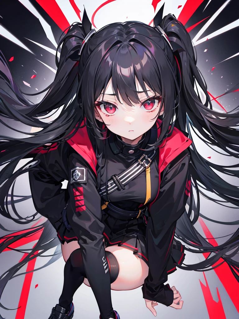 One girl,Black hoodie,Short skirt, Mesh stockings, Headless Gloves,City of night,rain,coat,Red eyes,Ambient red, black, white, yellow and blue power effects, human, (Simple: 1.2)