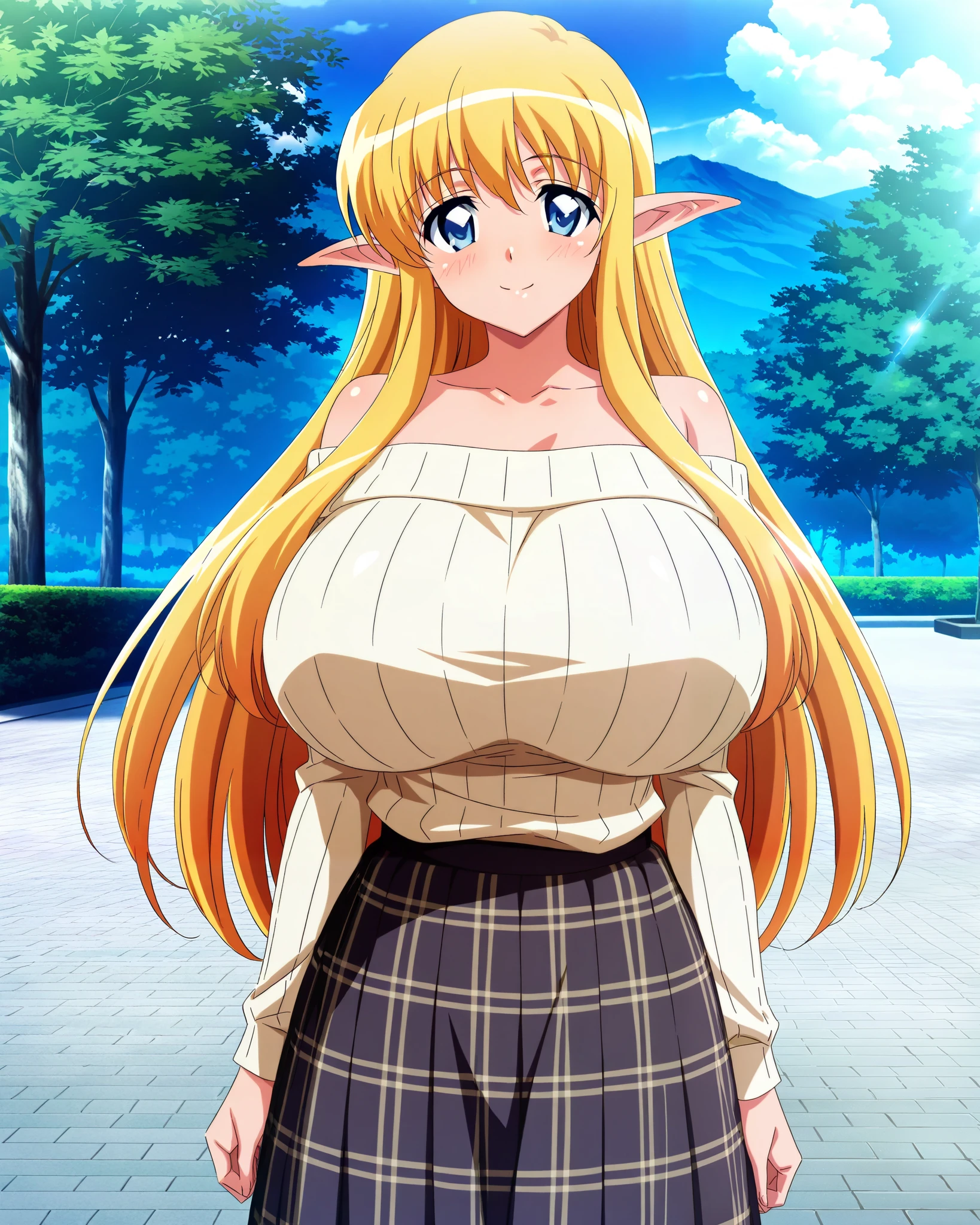 score_9, score_8_up, score_7_up, source_anime, anime coloring, anime screencap, 1 girl, alone, Tiffania Westwood (zero no tsukaima), elf, blonde hair, blue eyes, sweet smile, white beautiful skin, standing, looking at viewer, slim body, cowboy shot, gigantic breasts, collarbone, long sleeves, off-shoulder ribbed shirt, beige shirt, pleated brown plaid skirt, long skirt, outdoors, sunny day, beautiful sky, at the park