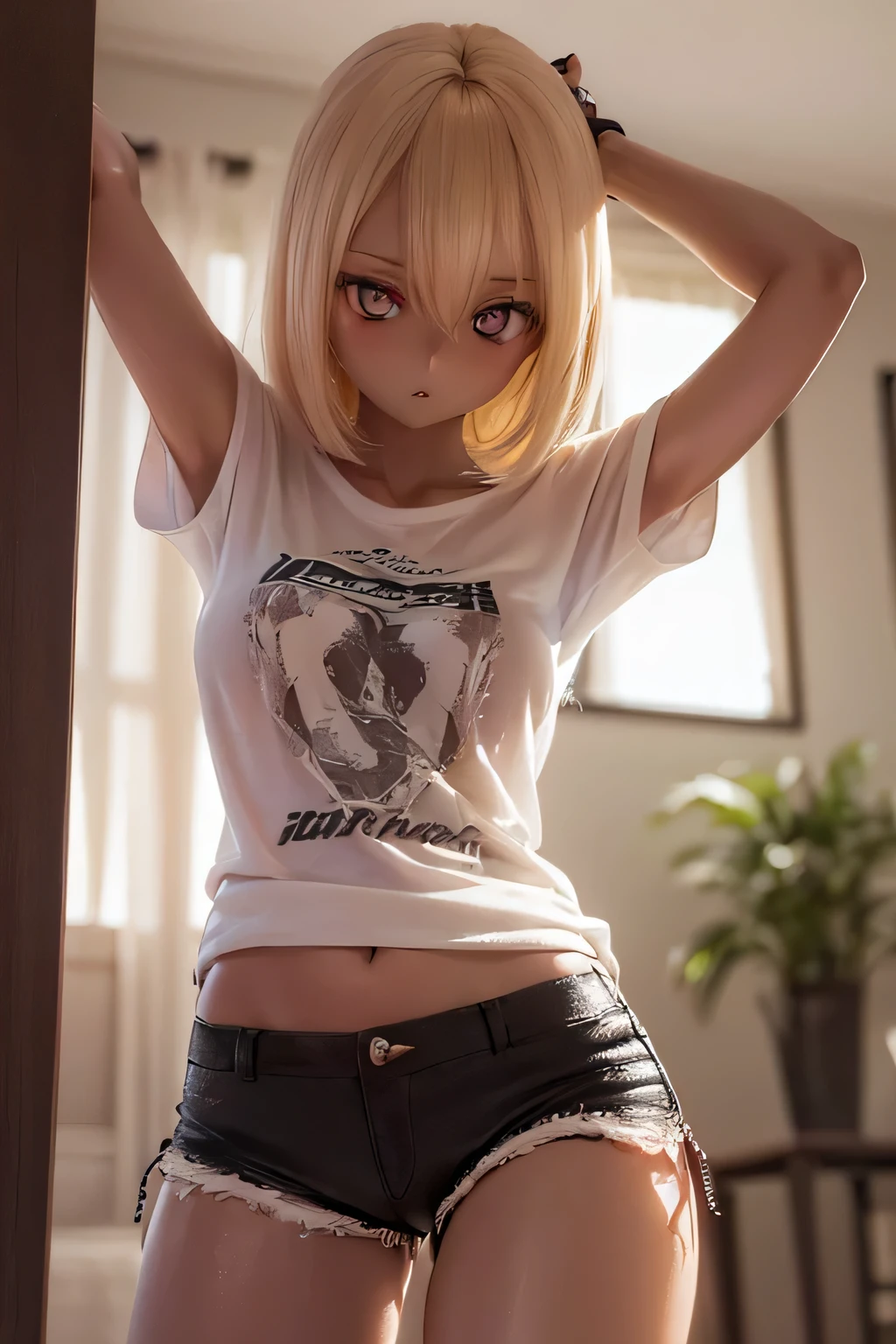 NSFW, photorealistic, realistic photo, 8k, Canon EOS, ((highest quality)), ((masterpiece)), (extremely detailed), kukolnydom, doll, shiny skin, (dark skin:2), (stylish pose, private room, t shirt, shorts, thighs, mature woman, 21yo, 21_years_old, solo:1.6), (medium breasts, parted lips, blonde hair, looking away, blank stare, glass eyes, shining eyes, detailed face:1.3)