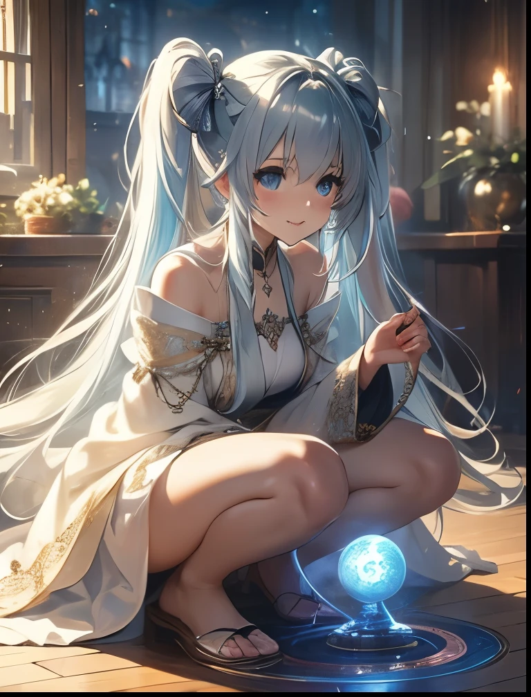 (((SFW、Precision、Highest quality、A first-class masterpiece、Normal body、8k、 Detailed Face 、Ultra-precision、 Normal hand、5refer to、Highest)))、" Spirit Fantasy"、Celia Claire、Celia Claire、 Silver Hair、 twin tails、 short、 slender、Big Breasts、 beautiful feet、 Miniskirt Robe、A gentle smile、 squats、Create a magic circle on the floor、Giant Magic Array 、Magic particle