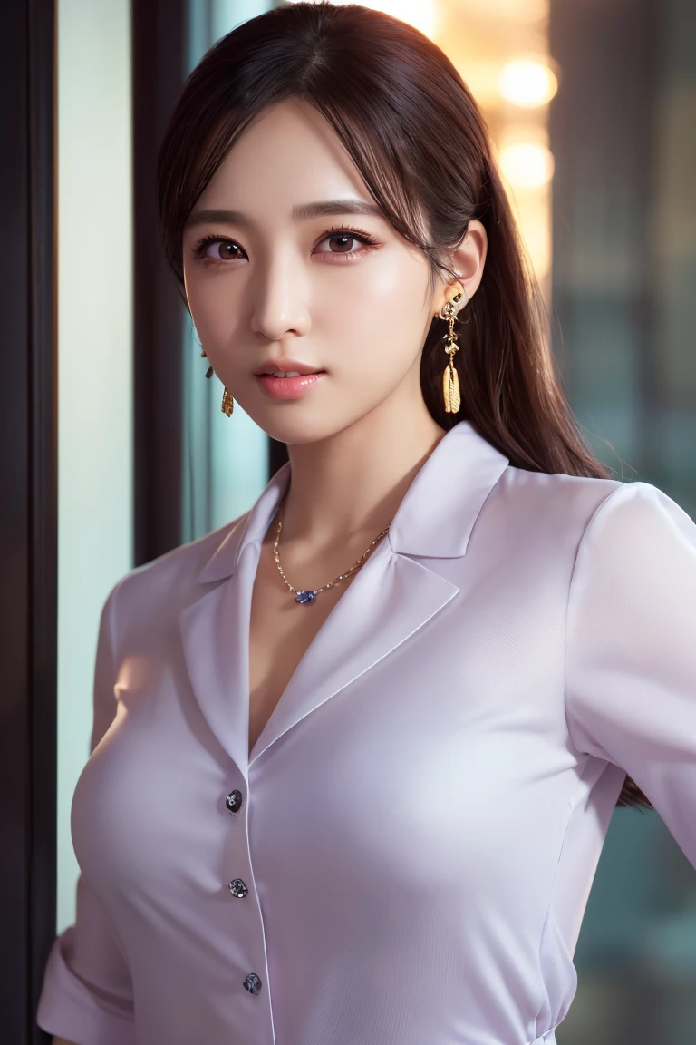 (Highest quality, 8K, photorealistic, detailed lighting, physically-based rendering), (1 girl), Japanese beautiful lady, ((secretary, business casual, slacks, dangling jewelry earrings)), seductive eyes, alluring and sexy, perfect lighting