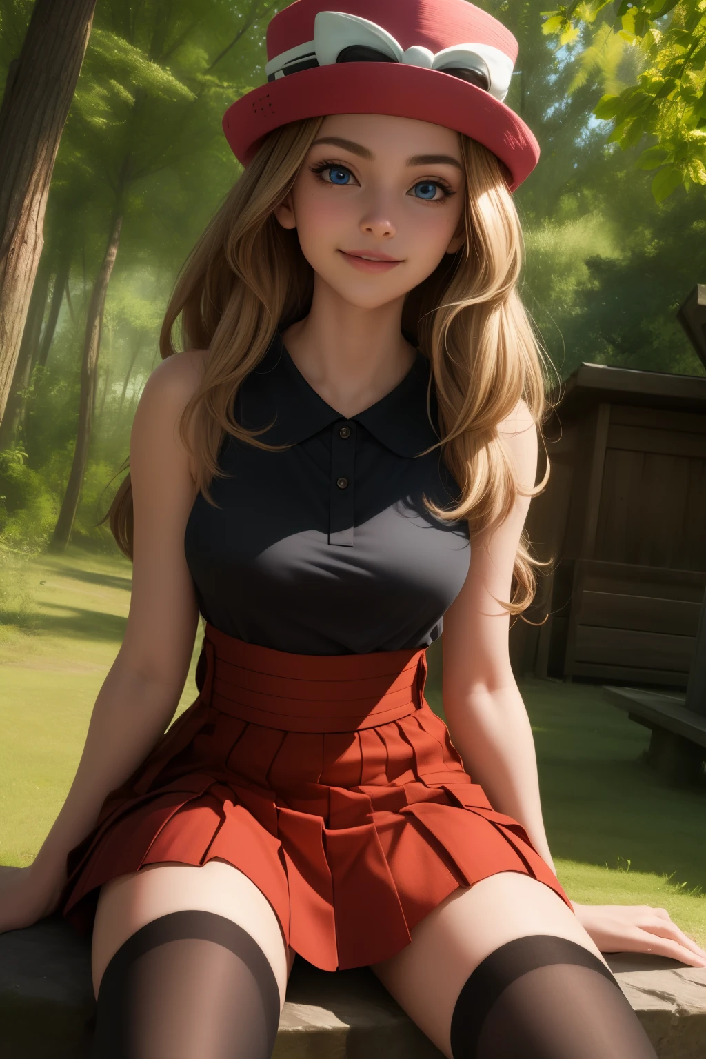 pkmnserena, 1girl, solo, blue eyes, blonde hair, long hair, low-tied long hair, hat, pink headwear,
black shirt, collared shirt, sleeveless, red skirt, high-waist skirt, pleated skirt, black thighhighs,
smile,closed mouth,cowboy shot,sitting,
forest,outdoor,
(insanely detailed, beautiful detailed face, masterpiece, best quality) cinematic lighting,on 4 legs