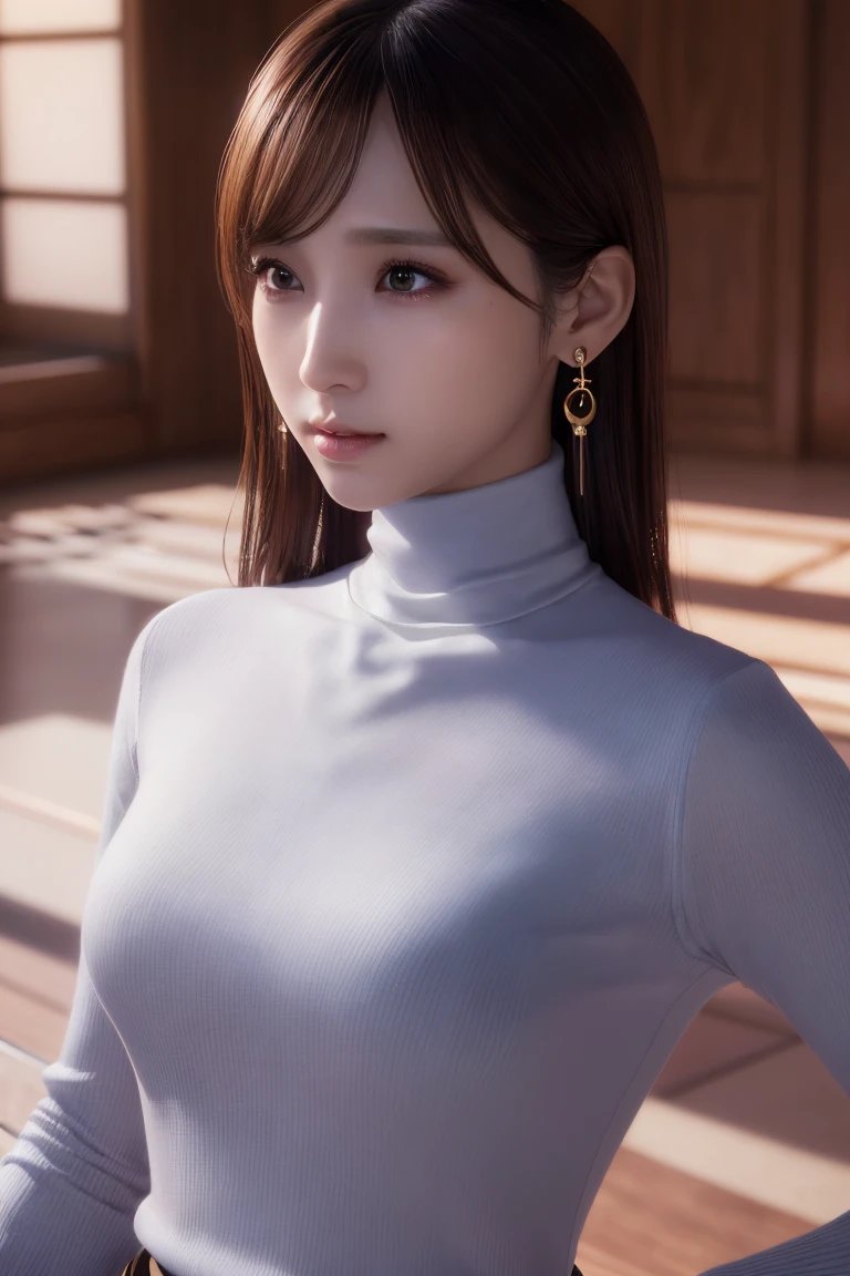 (Highest quality, 8K, photorealistic, detailed lighting, physically-based rendering), (1 girl), Japanese beautiful lady, ((turtleneck blouse, slacks, dangling jewelry earrings, pendant)), seductive eyes, alluring and sexy, perfect lighting