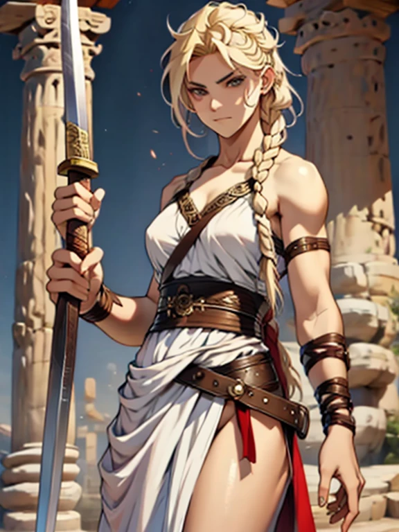 Blonde woman, braided hair, using a greek sword xiphos, fierce attitude