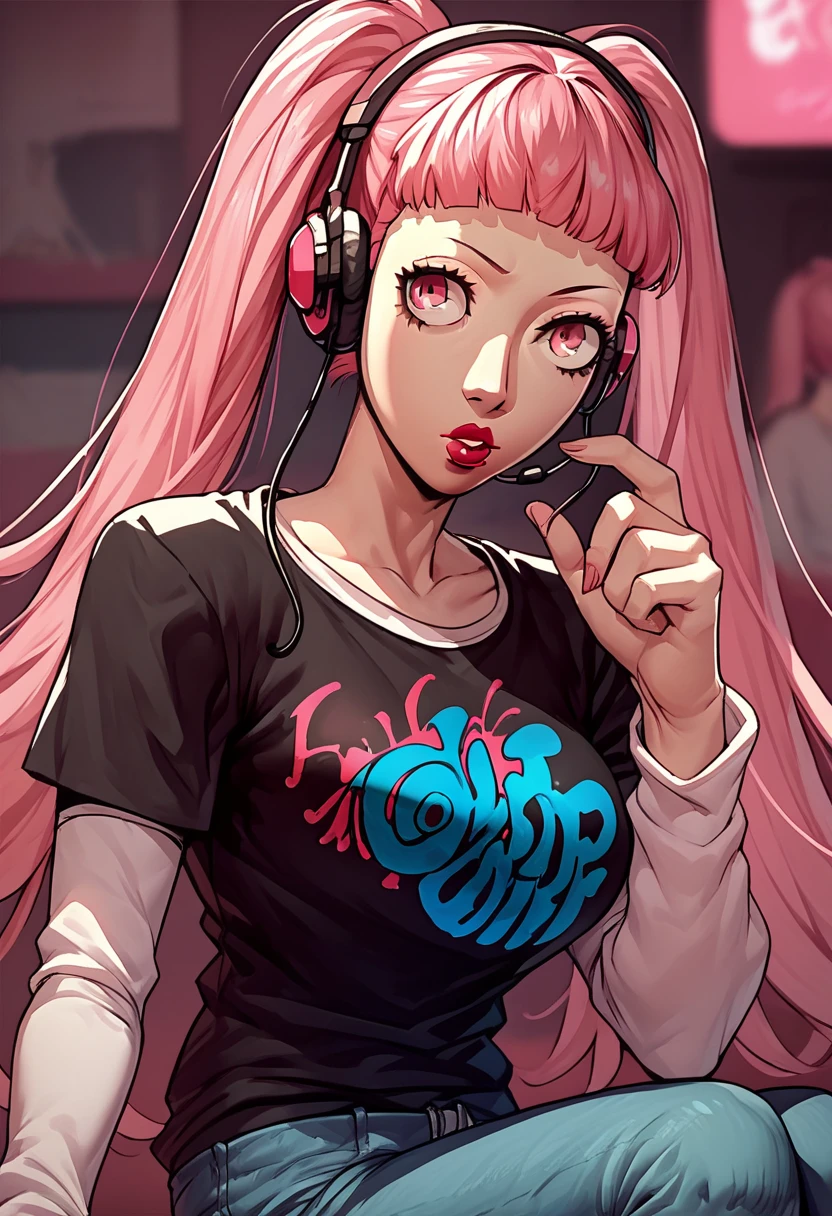 1girl, headset, lipstick, black t-shirt, clothes writing, layered sleeves, large breasts, jeans, Hilda Valentine Goneril, pink hair, pink eyes, twintails