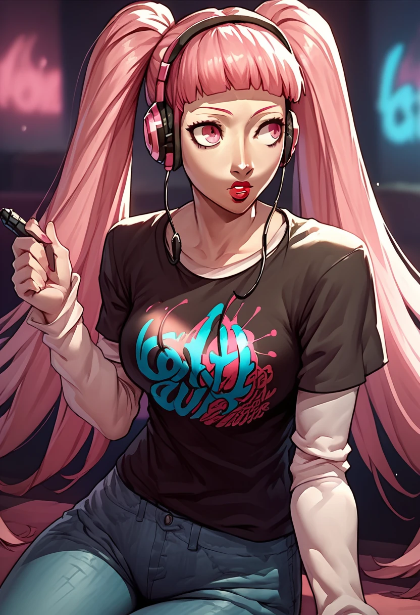 1girl, headset, lipstick, black t-shirt, clothes writing, layered sleeves, large breasts, jeans, Hilda Valentine Goneril, pink hair, pink eyes, twintails