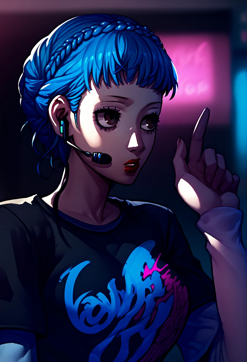 1girl, headset, lipstick, black t-shirt, clothes writing, layered sleeves, large breasts, jeans, Marianne Von Edmund, blue hair, brown eyes