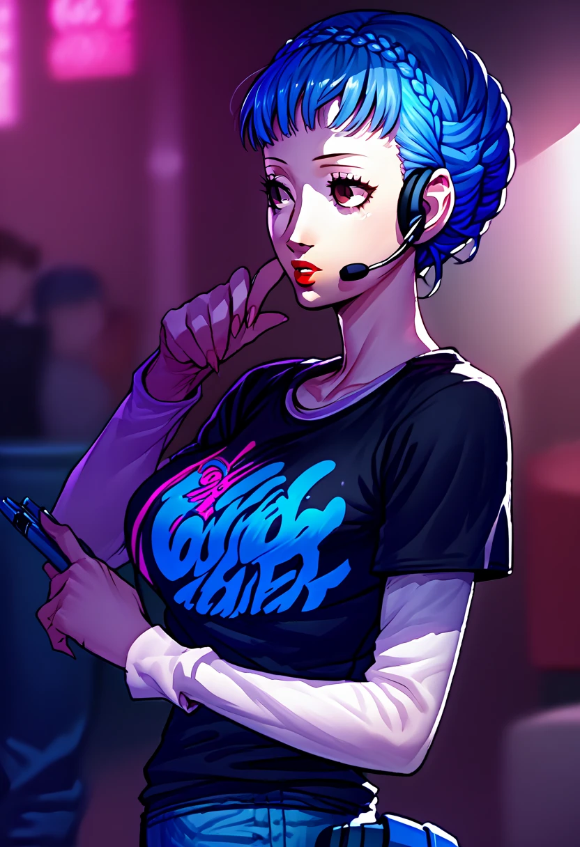 1girl, headset, lipstick, black t-shirt, clothes writing, layered sleeves, large breasts, jeans, Marianne Von Edmund, blue hair, brown eyes