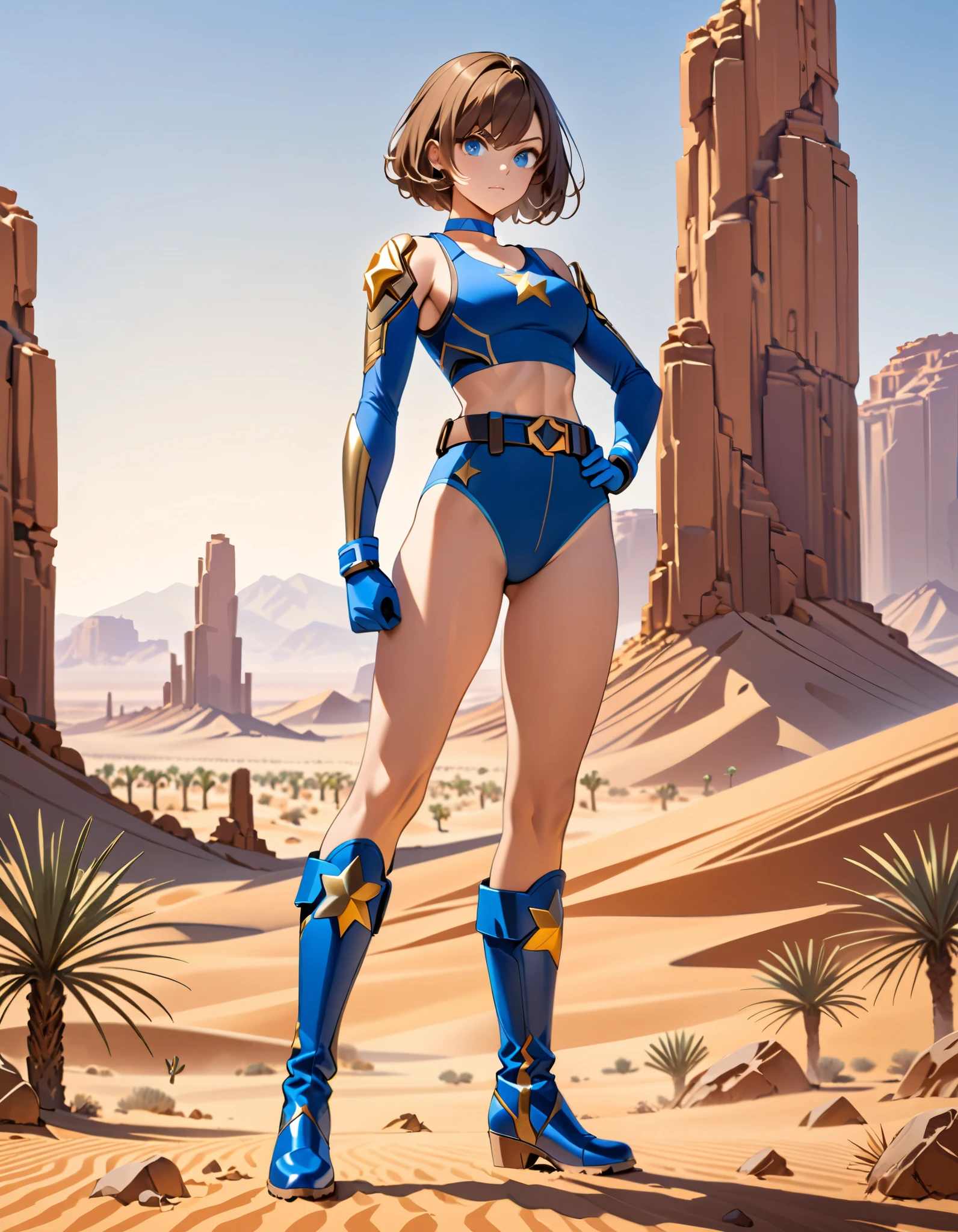 1girl, superhero, blue choker, blue eyes, blue footwear, blue gloves, boots, leotard, midriff, long sleeves, medium breasts, brown hair, knee boots, short hair, bob hair, solo, standing, determined, full body, desert backdrop, sandstorm, college-age female