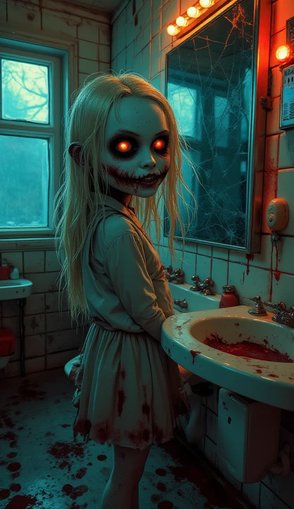 Stunning ultra-realistic, highly detailed and intricate high-quality image of a ghoulish, ghostly-looking blonde teenage girl showing long, wet hair With a blood-stained face with her eyes glowing with unearthly intensity as a ghoulish smile distorts her face slowly emerging of a cracked mirror. She wears her impeccable blood-stained school uniform, highly detailed with bright and vibrant colors, which appear to glow in the soft, cold light of a dimly lit school bathroom with neon lights showing a floor marked with blood reflecting an atmosphere of terror and nightmare. The quality must be very high and cinematic