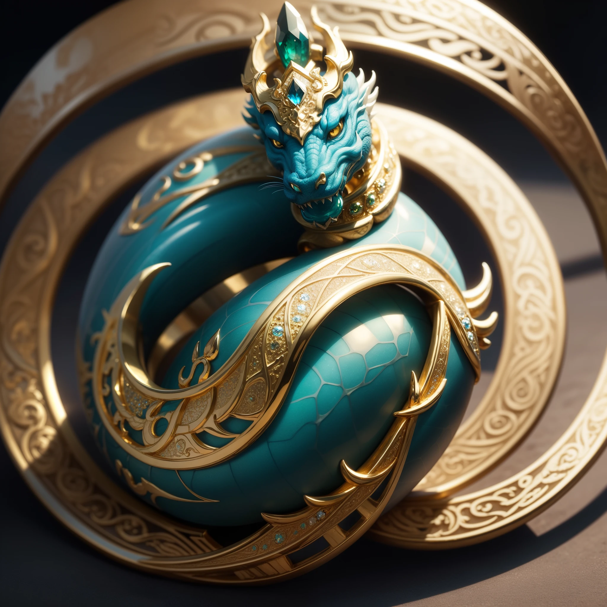 Masterpiece,highest quality,(Nothing but the ring),(No Man),The ring is shaped like a Chinese dragon wrapped around the end from head to tail,Delicate gold ring,The sheen,inverted image,Sparkling blue-green gemstones,Elegant and noble,simple backgound
