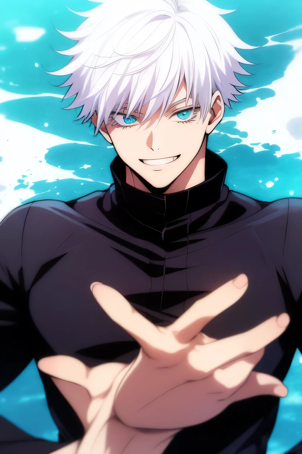 1 man, Messy white-haired man、 seawater eyes 、White eyelashes、  upper body、Look at the camera、 Masterpiece 、(( Special Details、 ripped tights、8k))、 jujutsu kaisen 、Gojo Satoru、 naked、 muscle