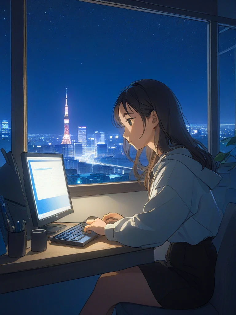 Beautiful Japanese woman in her 20s, working on a computer at a window seat, night city outside the window, horizontal screen size,
