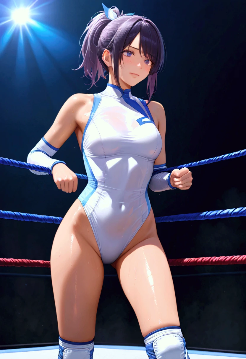 ((((masterpiece)))), ((  unity 8k wallpaper ,  Photorealistic  )), ((  detailed face  )),  Female Pro Wrestler with Floating Legs,Umezaki Haruka  ,Frightened face,, Ponytail,ribbon, pure white leotard ,Elbow guard,  leg protector  ,  pro wrestling 3 ropes are strung on all sides, standing across the top of 3 ropes strung, Floating Legs ,,Disgusting secretions sticking to ropes 