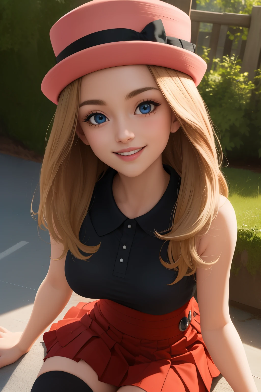 pkmnserena, 1girl, solo, blue eyes, blonde hair, long hair, low-tied long hair, hat, pink headwear,
black shirt, collared shirt, sleeveless, red skirt, high-waist skirt, pleated skirt, black thighhighs,
smile,closed mouth,dog pose
(insanely detailed, beautiful detailed face, masterpiece, best quality) cinematic lighting,